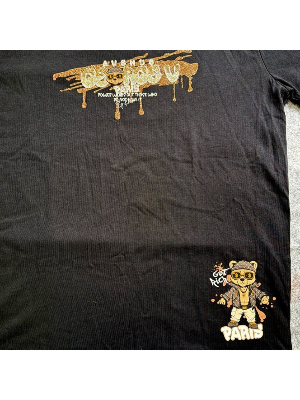 Avenue George V Paris Gold Crystal Teddy Short Sleeve Black T-Shirt 2 Sides XL